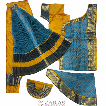 Bharatanatyam Dance Readymade Costume - Mustard Yellow with Happy Blue Brocade