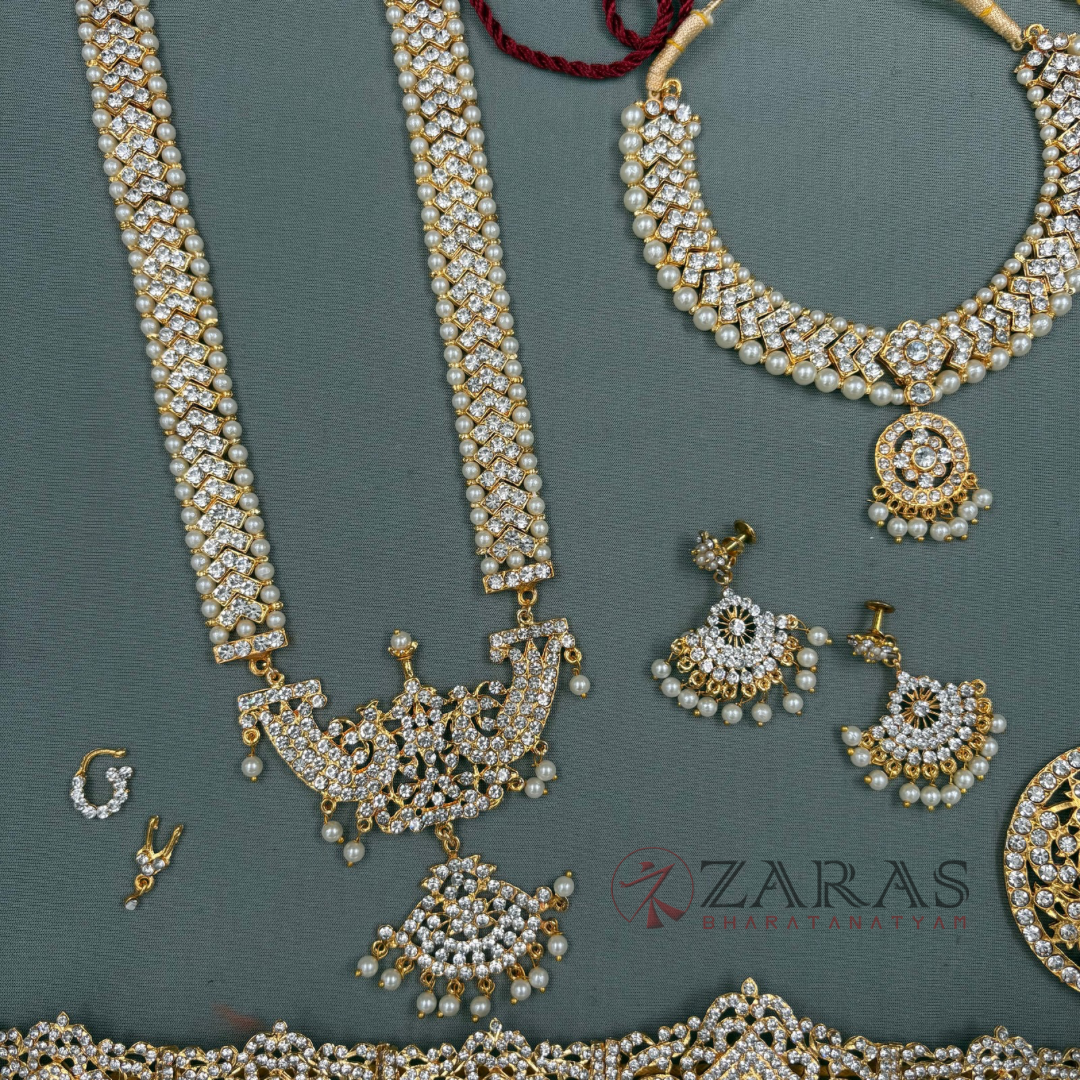 Bharatanatyam Dance Jewellery - V & Flower White Stone Full Set