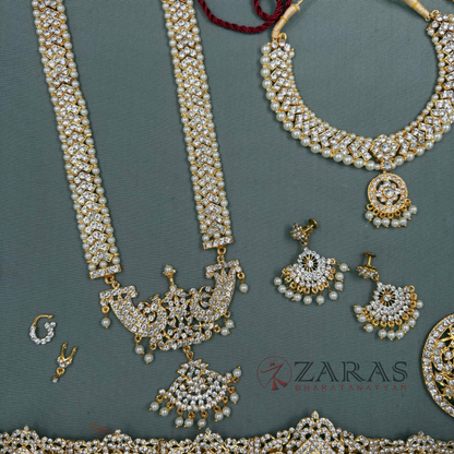Bharatanatyam Dance Jewellery - V & Flower White Stone Full Set