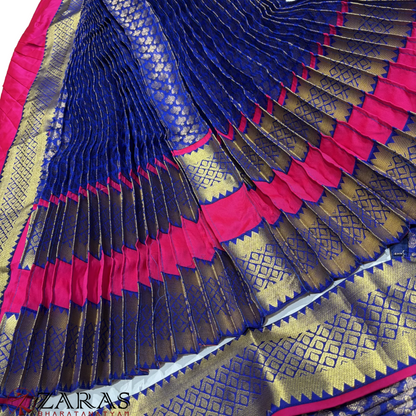 Kuchipudi Dance Readymade Costume - Pink with Blue Brocade Combination