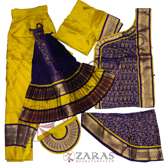 Bharatanatyam Dance Readymade Costume - Yellow with Violet Brocade Combination