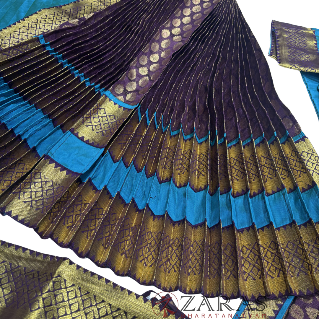 Kuchipudi Dance Readymade Costume - Peacock Blue with Maroon Brocade Combination