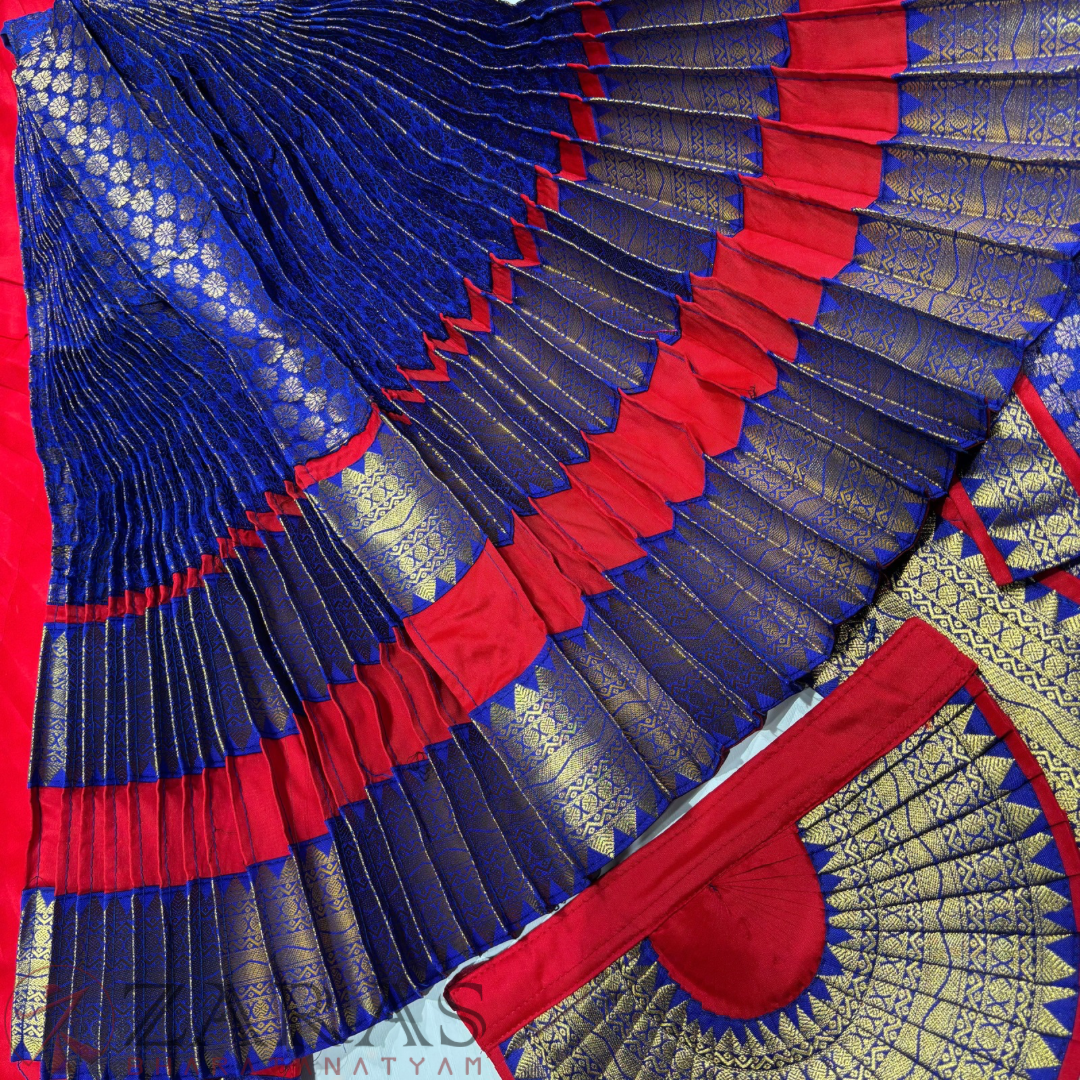 Bharatanatyam Dance Readymade Costume - Red with Blue Brocade Combination