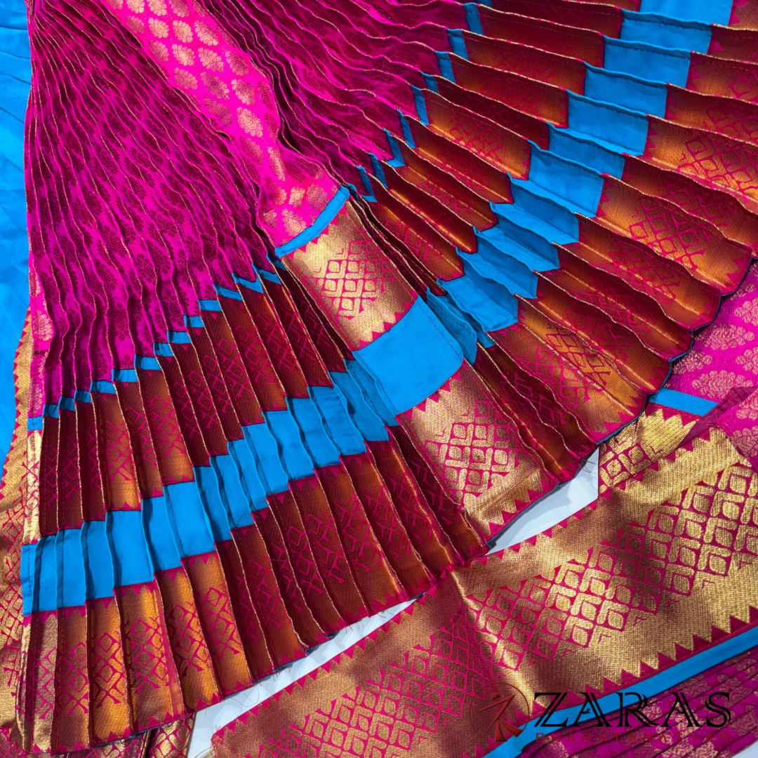 Kuchipudi Dance Readymade Costume - Happy Blue with Pink Brocade Combination