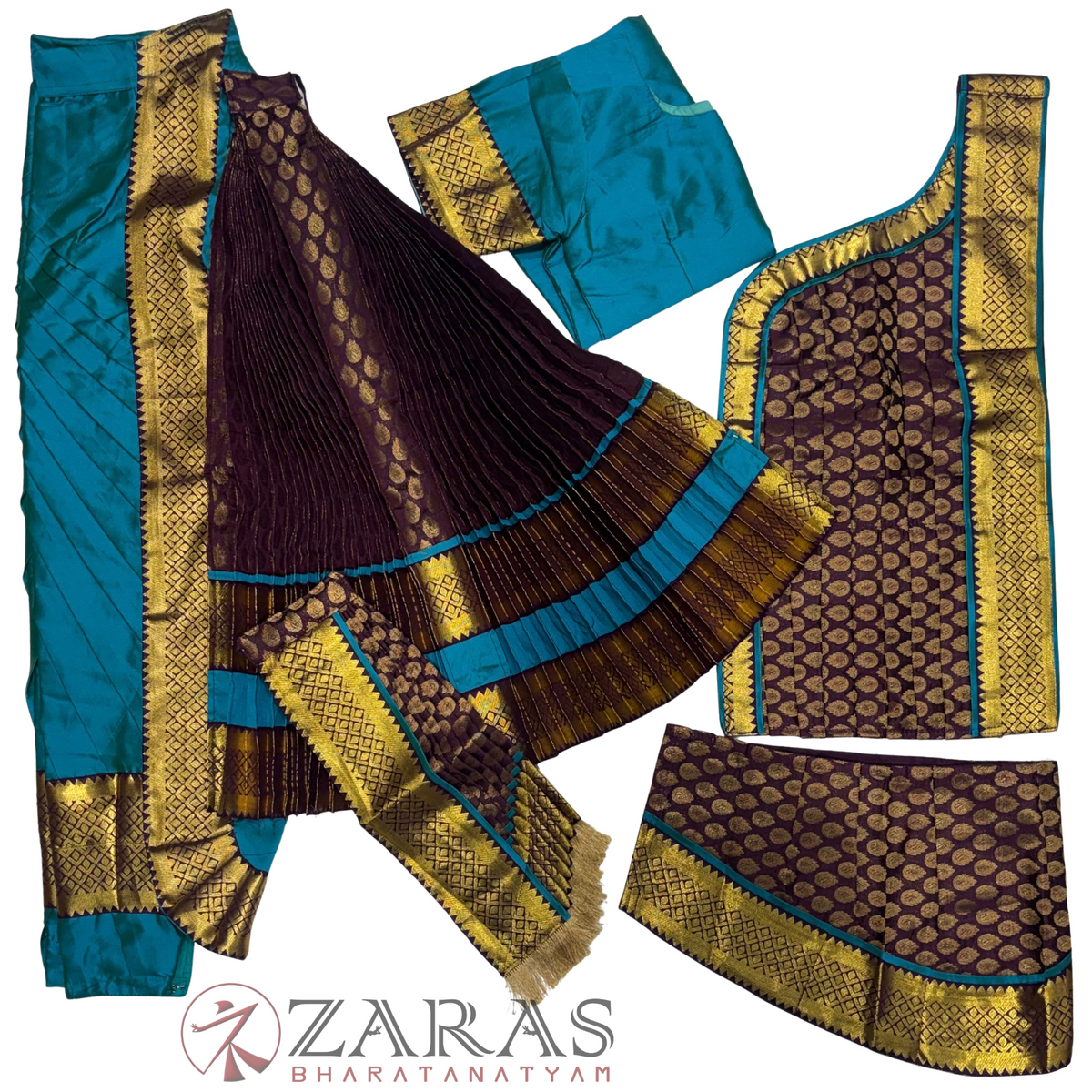 Kuchipudi Dance Readymade Costume - Peacock Blue with Maroon Brocade Combination