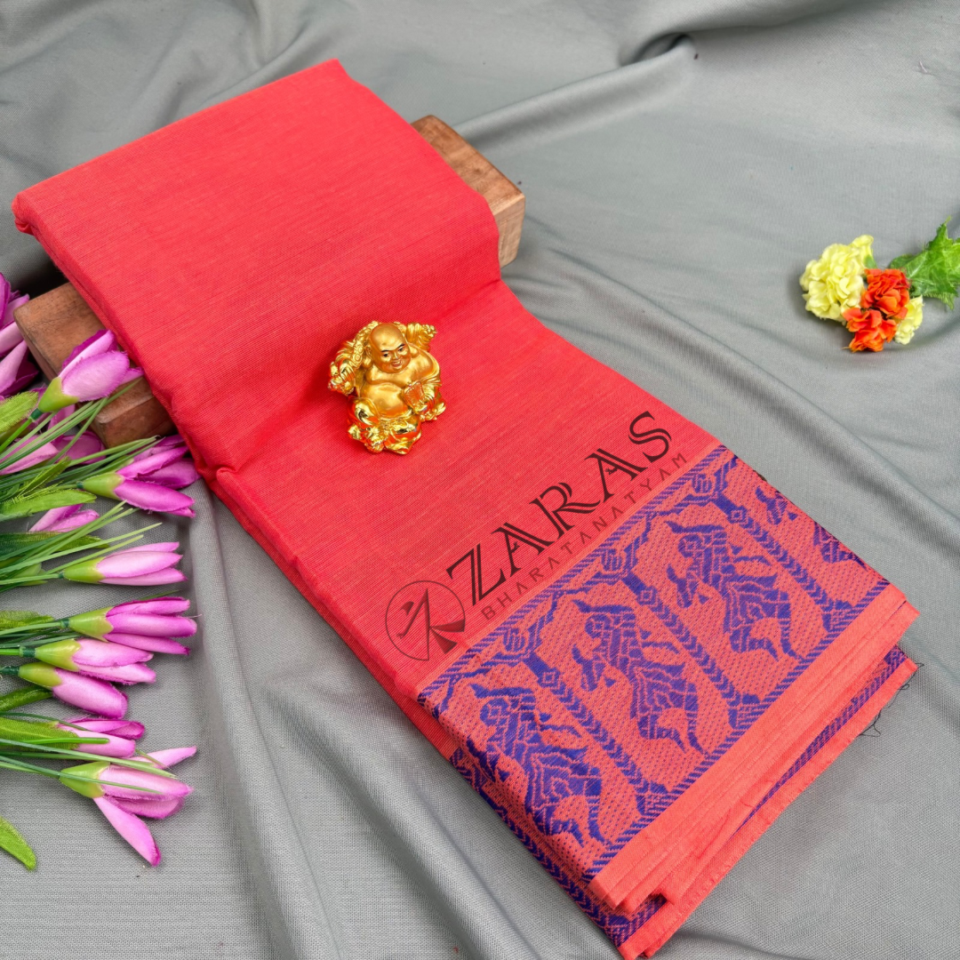 Bharatanatyam Dance Practice Saree - Orange Pink with Blue Doll Border