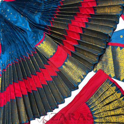 Bharatanatyam Dance Readymade Costume - Red with Peacock Blue Dot Combination
