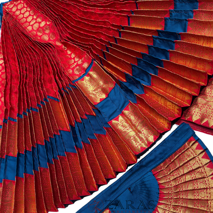 Bharatanatyam Dance Readymade Costume - Peacock Blue with Red Brocade Combination