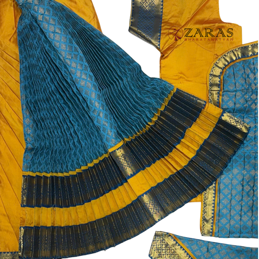 Bharatanatyam Dance Readymade Costume - Mustard Yellow with Happy Blue Brocade