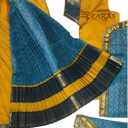 Bharatanatyam Dance Readymade Costume - Mustard Yellow with Happy Blue Brocade