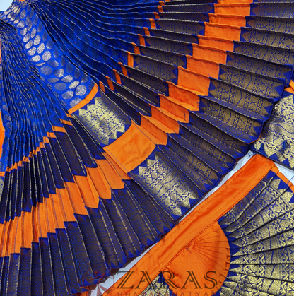 Bharatanatyam Dance Readymade Costume - Orange with Blue Brocade Combination