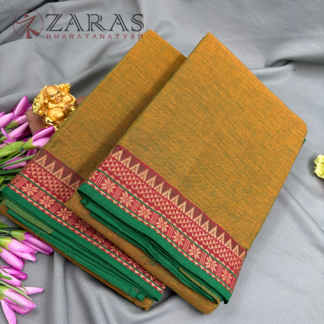 Bharatanatyam Dance Practice Saree - Golden Green with Green Temple Border (6 meter)