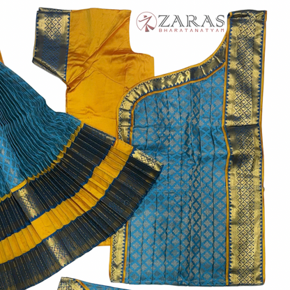 Bharatanatyam Dance Readymade Costume - Mustard Yellow with Happy Blue Brocade