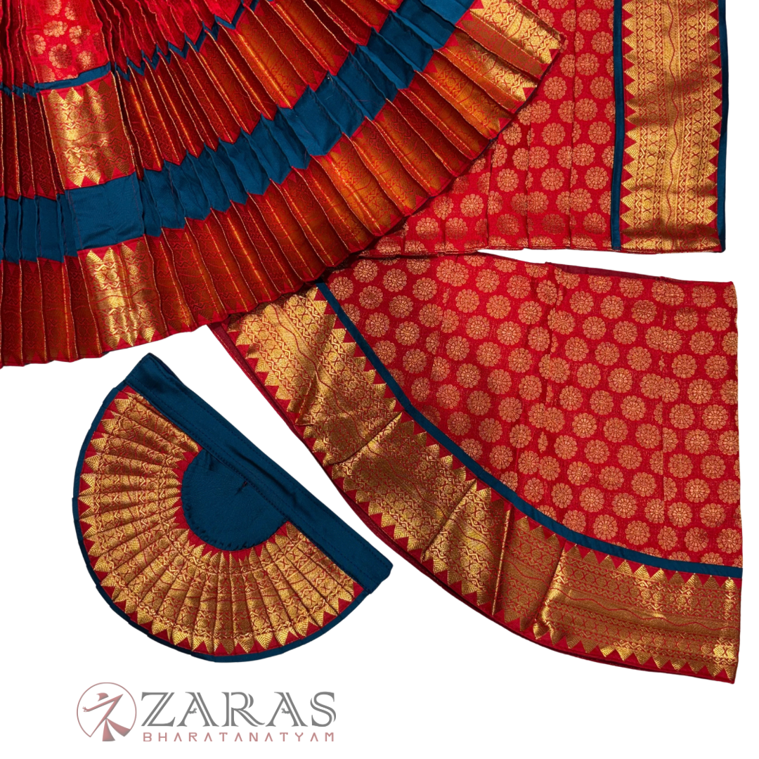 Bharatanatyam Dance Readymade Costume - Peacock Blue with Red Brocade Combination