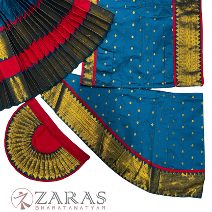 Bharatanatyam Dance Readymade Costume - Red with Peacock Blue Dot Combination