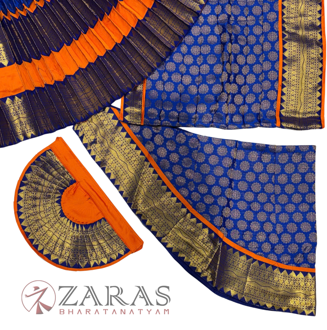 Bharatanatyam Dance Readymade Costume - Orange with Blue Brocade Combination