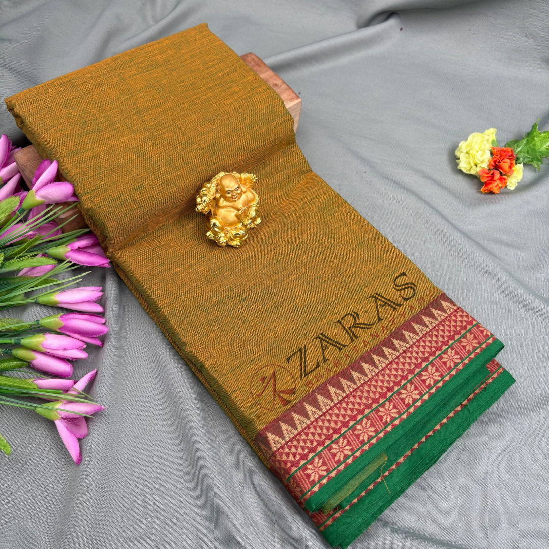 Bharatanatyam Dance Practice Saree - Golden Green with Green Temple Border (6 meter)
