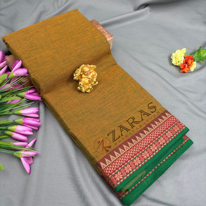 Bharatanatyam Dance Practice Saree - Golden Green with Green Temple Border (6 meter)