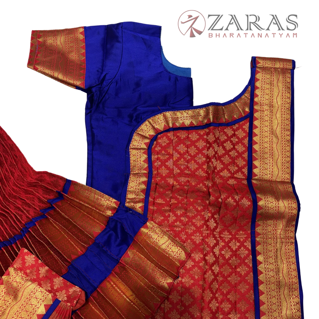 Kuchipudi Dance Readymade Costume - Blue with Red Brocade Combination