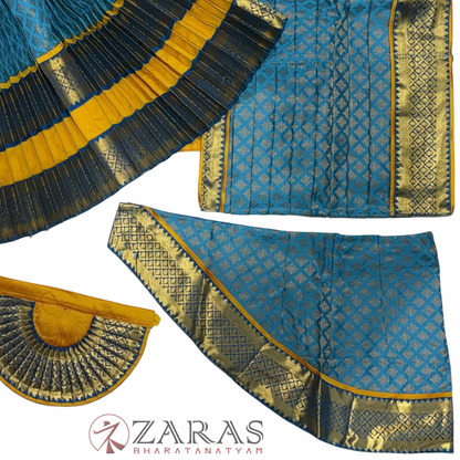 Bharatanatyam Dance Readymade Costume - Mustard Yellow with Happy Blue Brocade