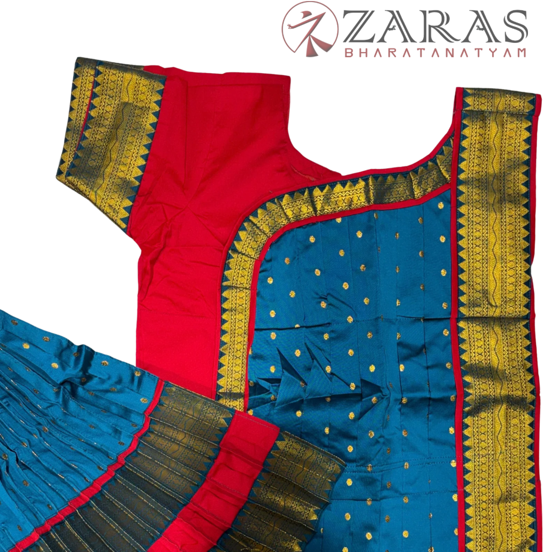 Bharatanatyam Dance Readymade Costume - Red with Peacock Blue Dot Combination