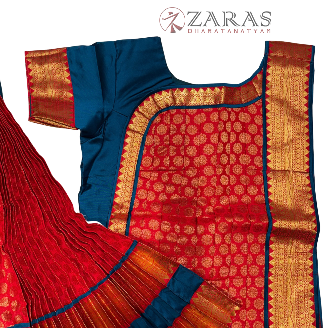 Bharatanatyam Dance Readymade Costume - Peacock Blue with Red Brocade Combination