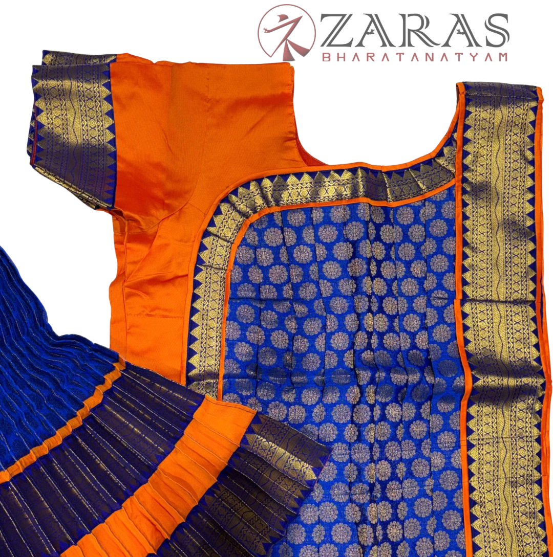 Bharatanatyam Dance Readymade Costume - Orange with Blue Brocade Combination