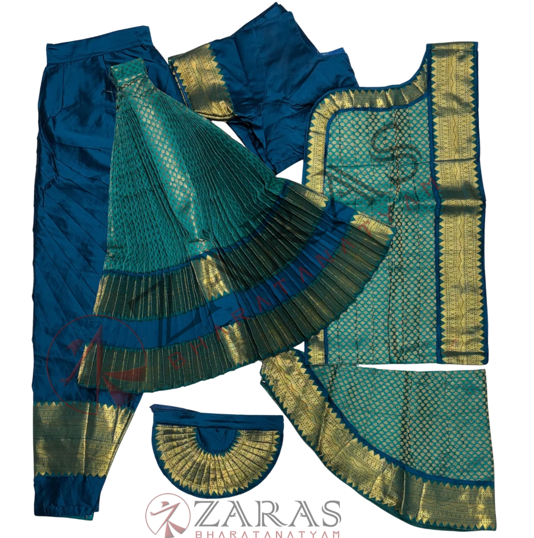 Bharatanatyam Dance Readymade Costume - Peacock Blue with Peacock Green Brocade Combination