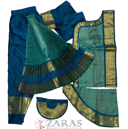 Bharatanatyam Dance Readymade Costume - Peacock Blue with Peacock Green Brocade Combination