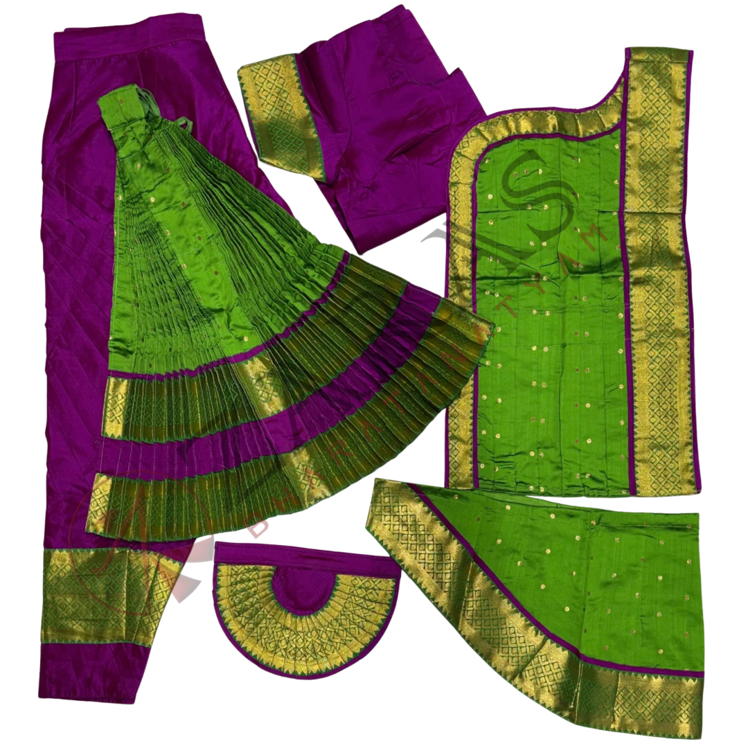 Bharatanatyam Dance Readymade Costume - Purple with Green Dot Combination