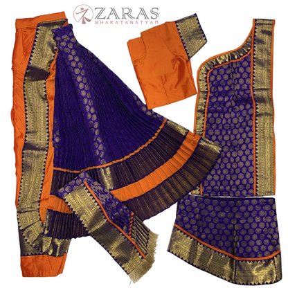Kuchipudi Dance Readymade Costume - Orange with Violet Brocade Combination