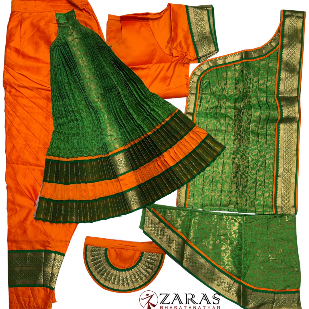 Bharatanatyam Dance Readymade Costume - Orange with Green Brocade
