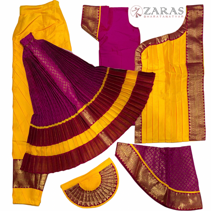 Bharatanatyam Dance Readymade Costume - M Yellow with Pink Brocade Combination
