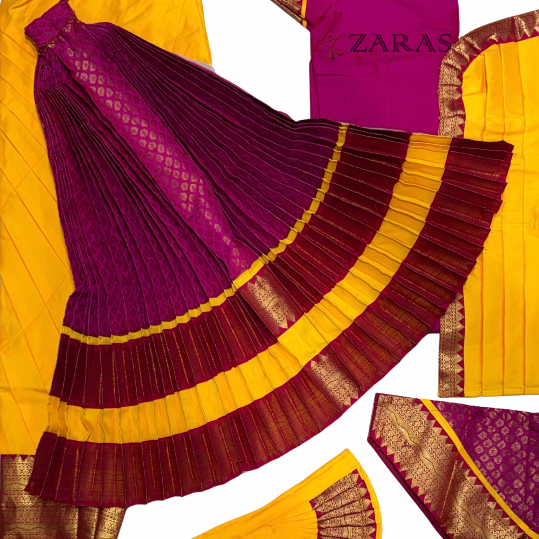 Bharatanatyam Dance Readymade Costume - M Yellow with Pink Brocade Combination