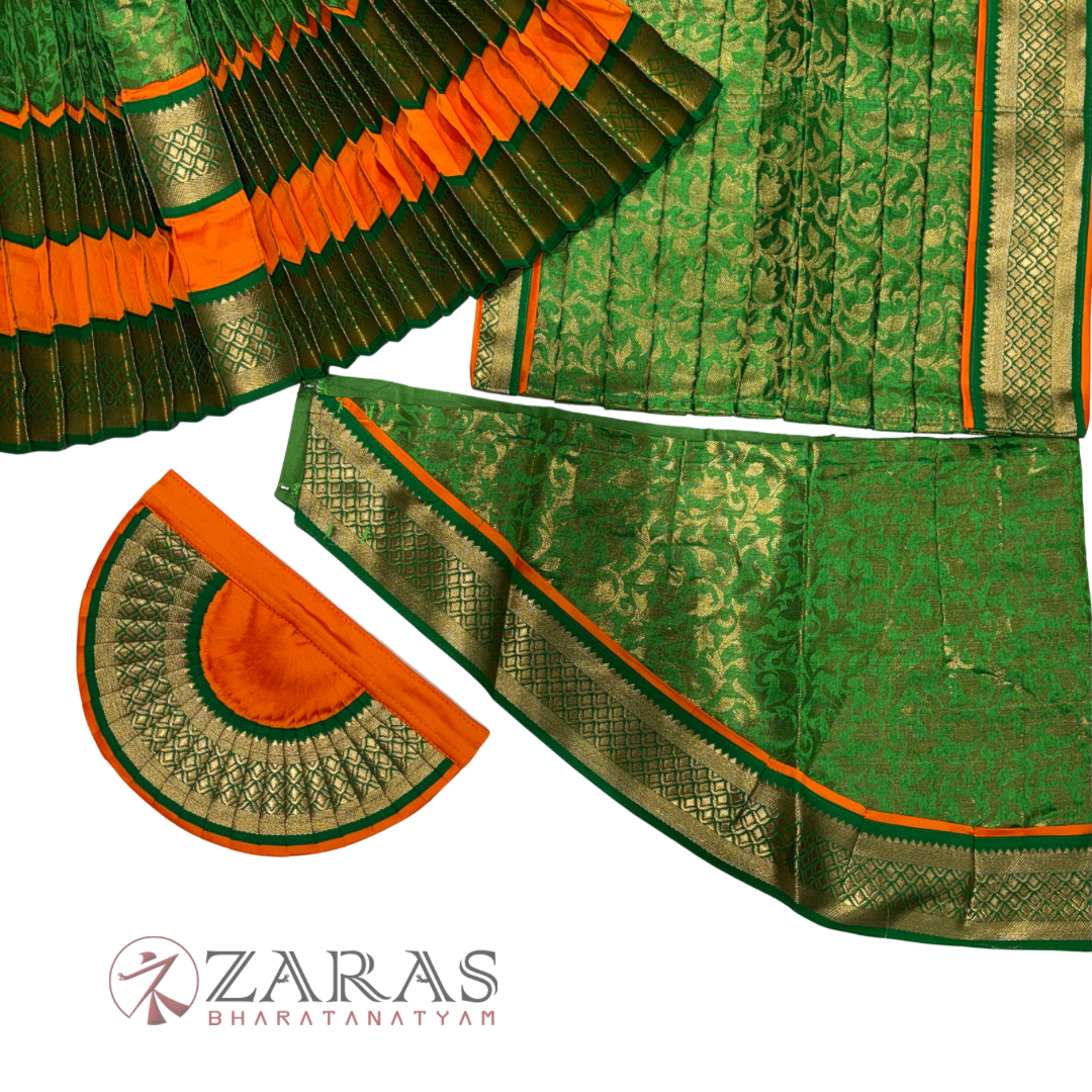 Bharatanatyam Dance Readymade Costume - Orange with Green Brocade