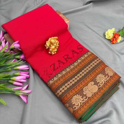 Bharatanatyam Dance Practice Saree - Red with Green Manga Border (6 meter)