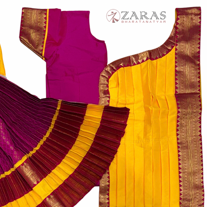 Bharatanatyam Dance Readymade Costume - M Yellow with Pink Brocade Combination