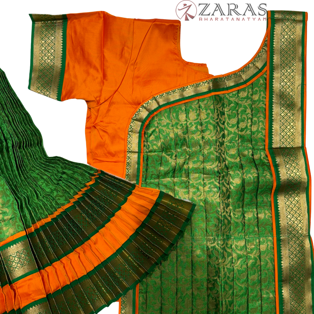Bharatanatyam Dance Readymade Costume - Orange with Green Brocade