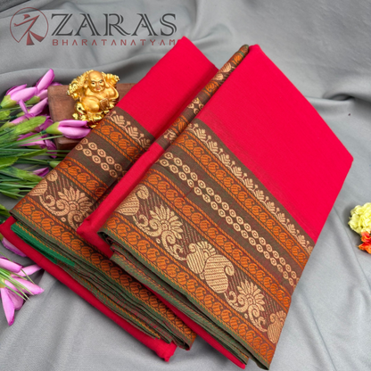 Bharatanatyam Dance Practice Saree - Red with Green Manga Border (6 meter)