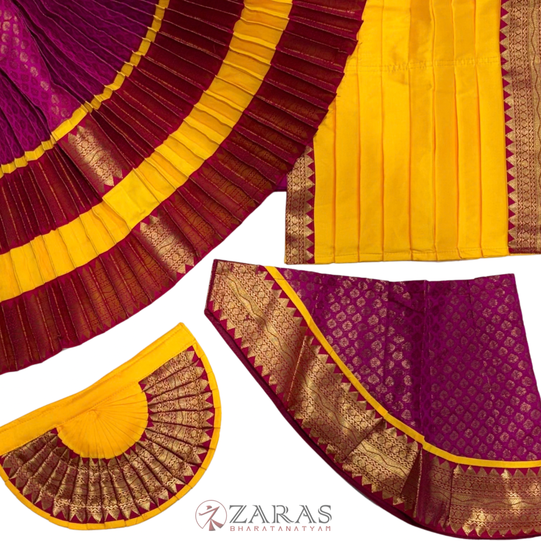 Bharatanatyam Dance Readymade Costume - M Yellow with Pink Brocade Combination