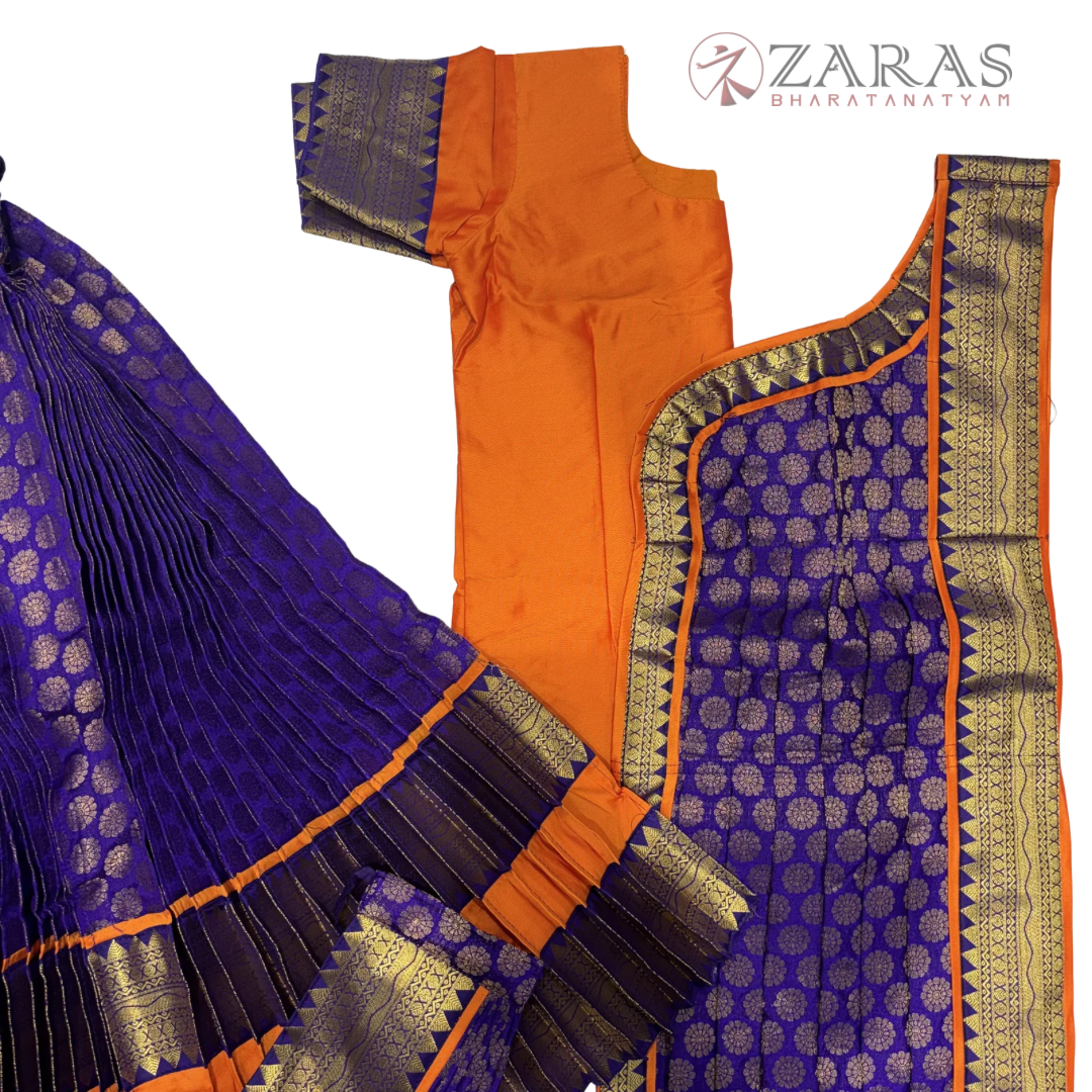 Kuchipudi Dance Readymade Costume - Orange with Violet Brocade Combination