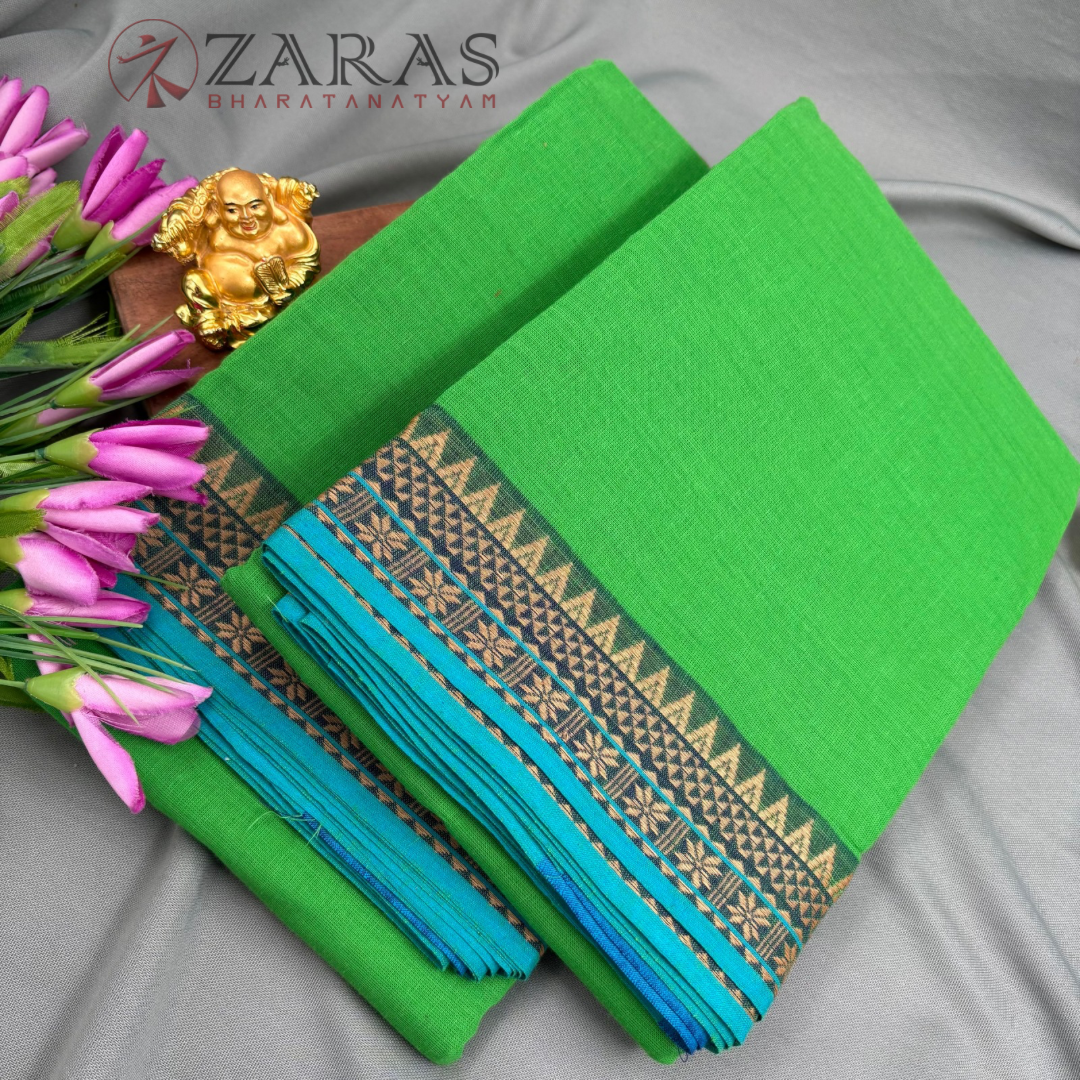 Bharatanatyam Dance Practice Saree - L Green with Blue Temple Border (6 Meter)