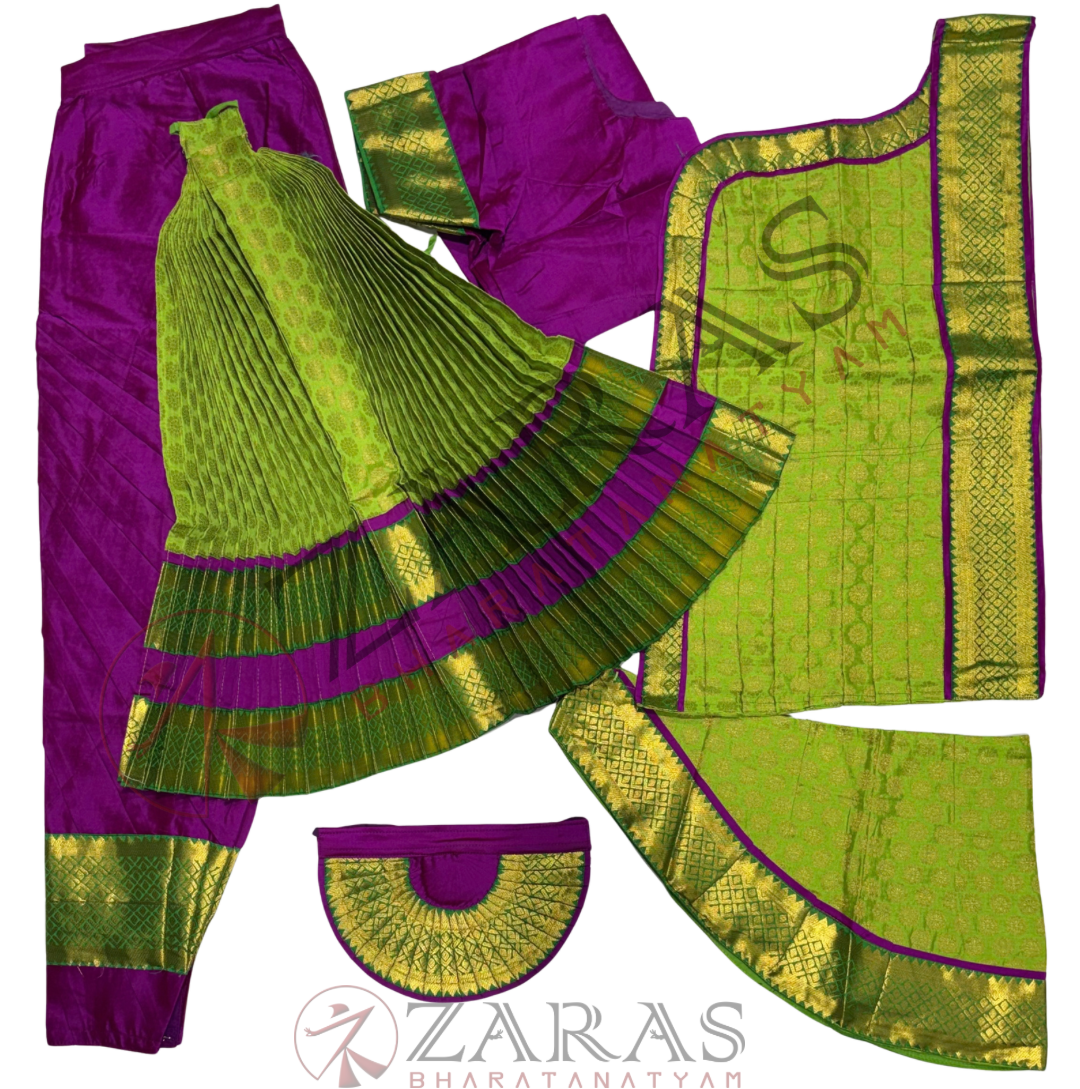 Bharatanatyam Dance Readymade Costume - Purple with L Green Brocade Combination