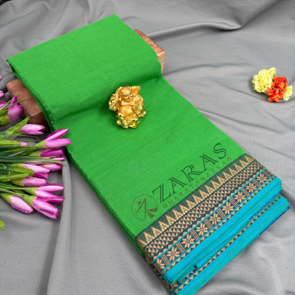 Bharatanatyam Dance Practice Saree - L Green with Blue Temple Border (6 Meter)
