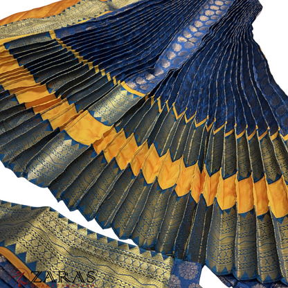 Kuchipudi Dance Readymade Costume - M Yellow with Blue Brocade Combination