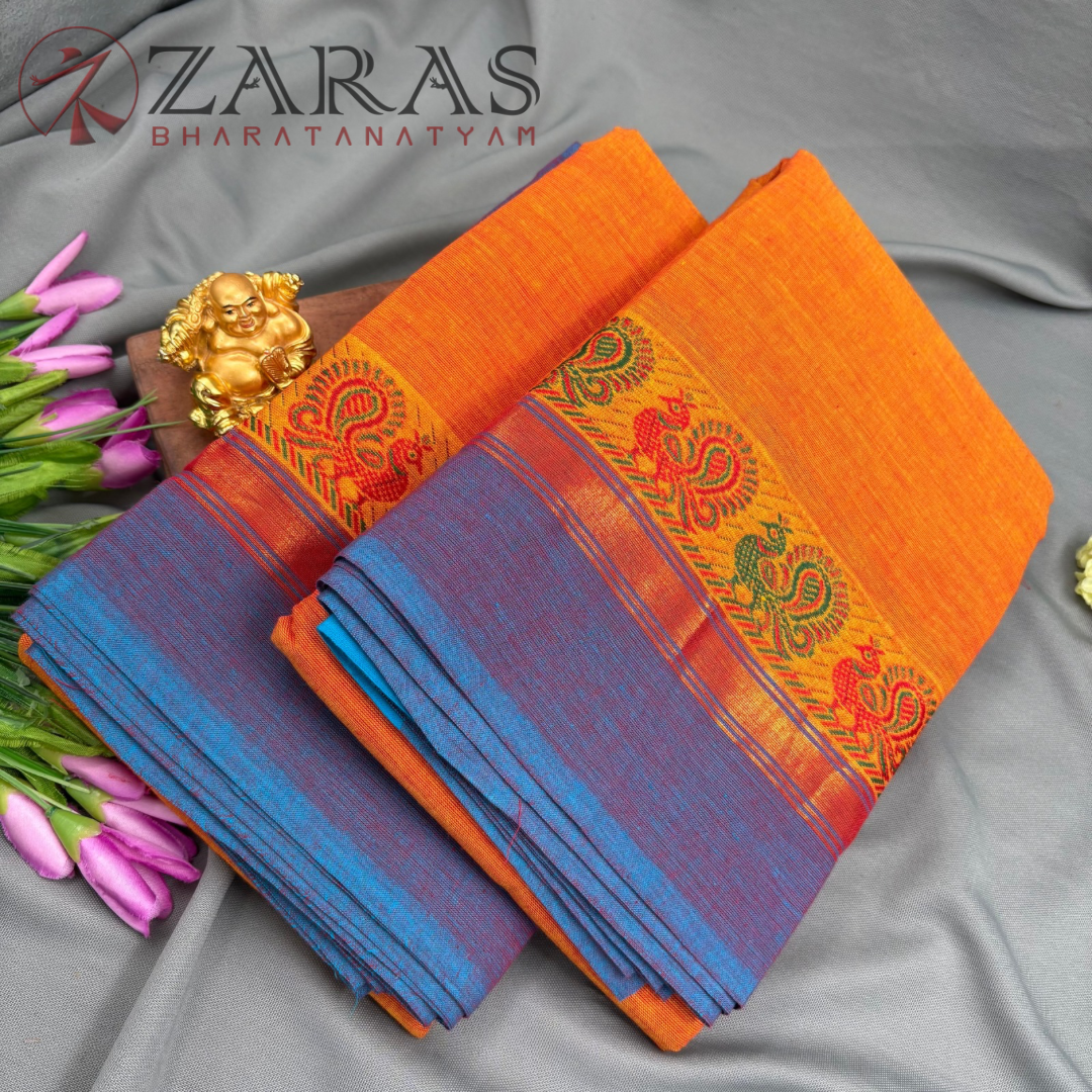 Bharatanatyam Dance Practice Saree - Musted Orange with Blue Small Peacock Border