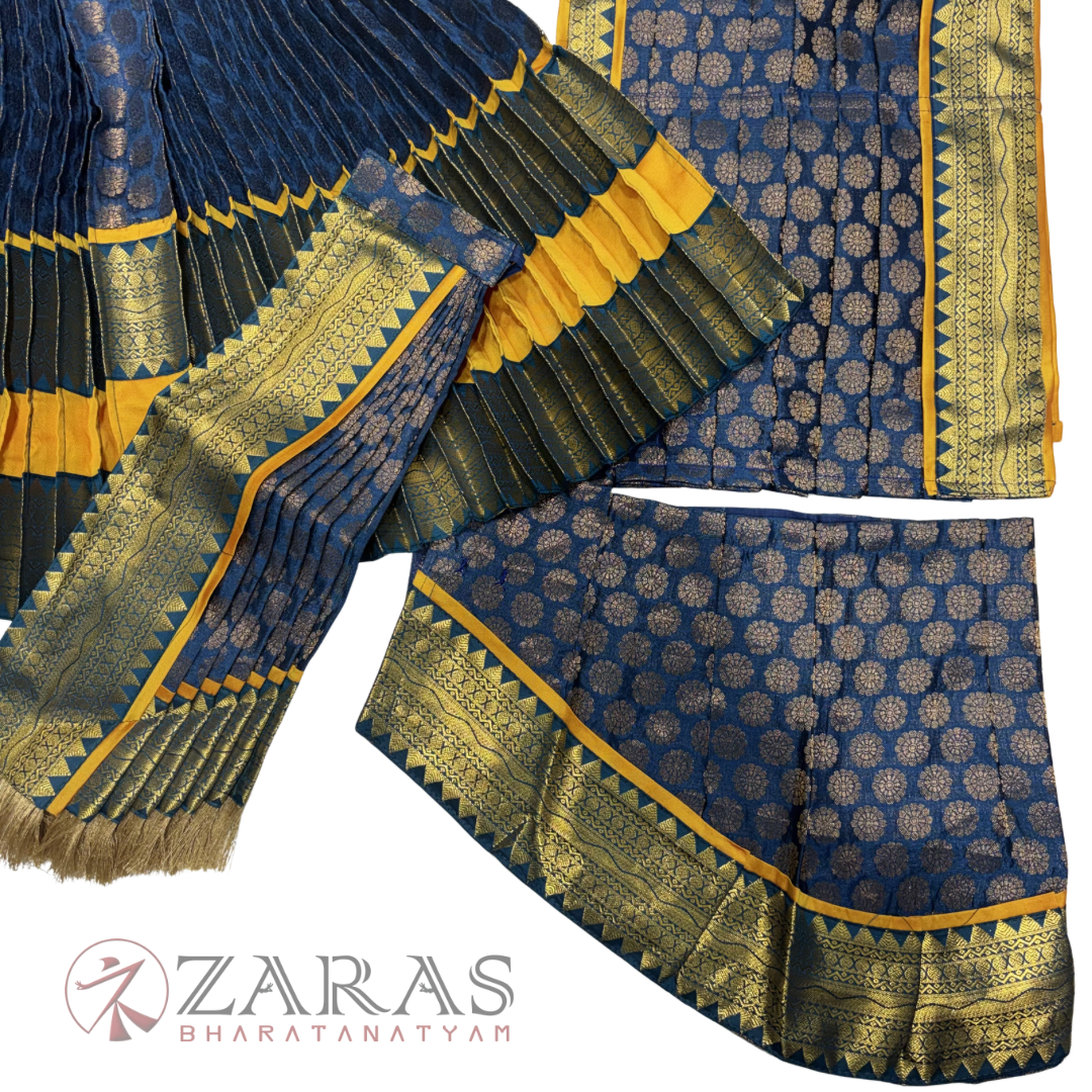 Kuchipudi Dance Readymade Costume - M Yellow with Blue Brocade Combination
