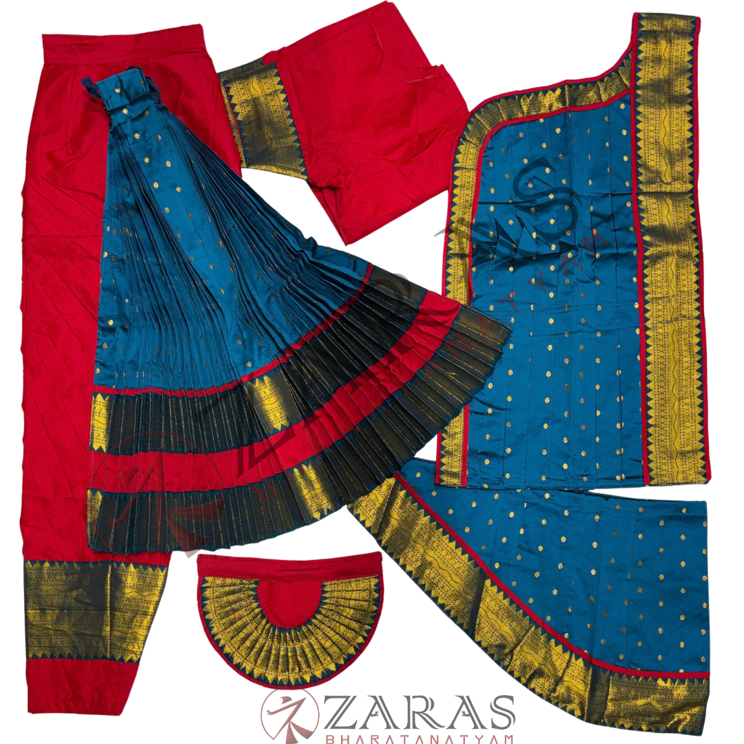 Bharatanatyam Dance Readymade Costume - Red with Peacock Blue Dot Combination