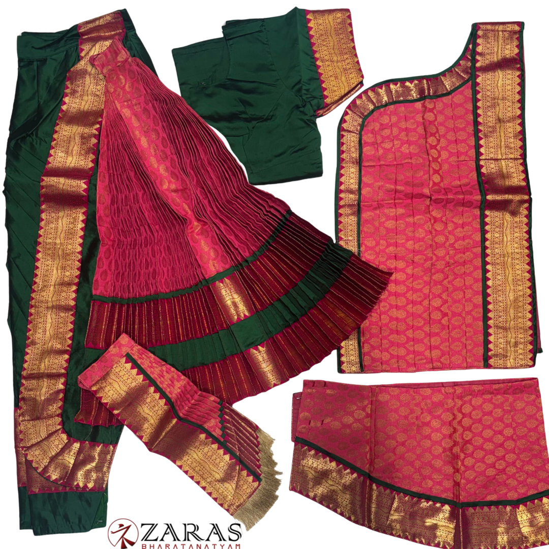 Kuchipudi Dance Readymade Costume - Dark Green with Peach Pink Brocade Combination