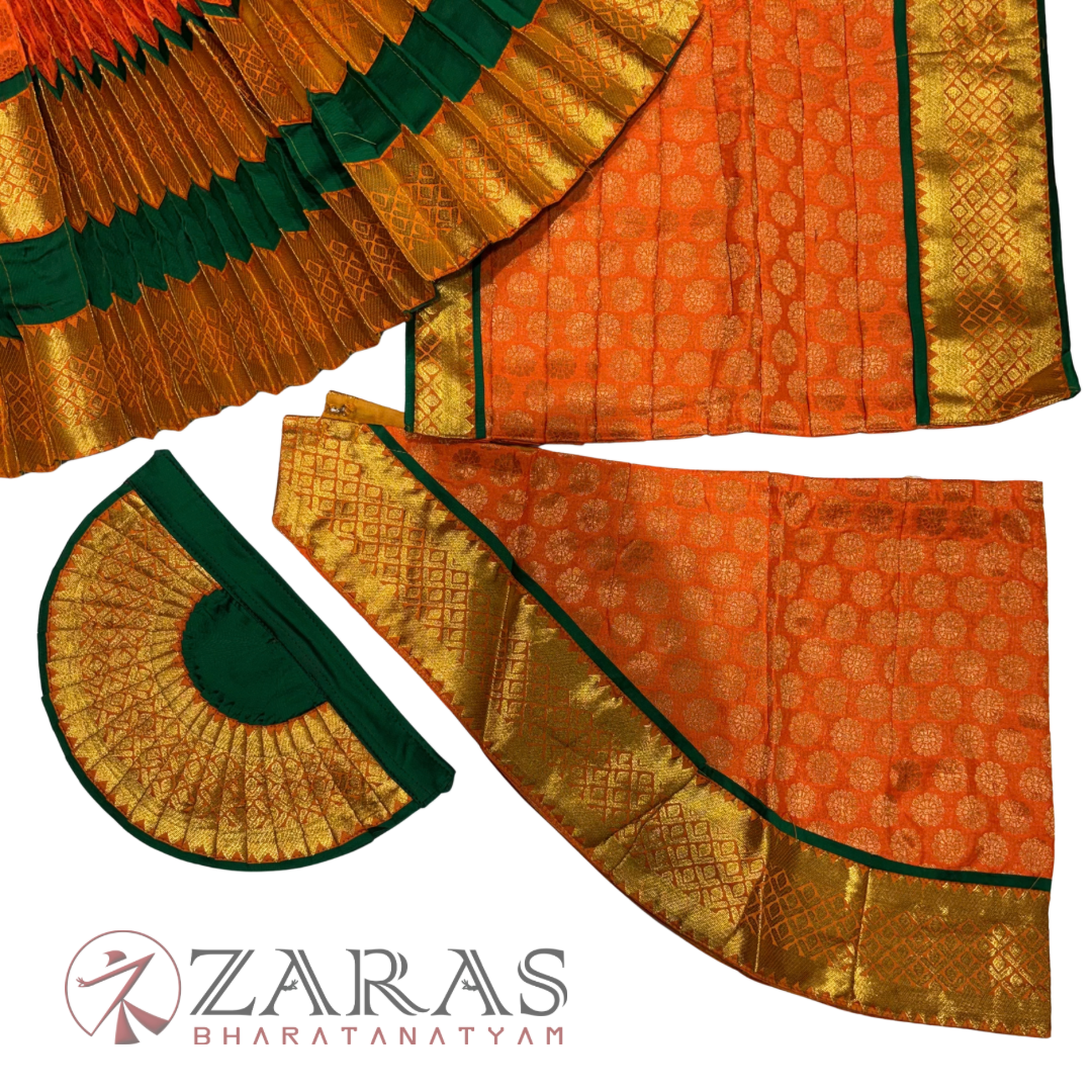 Bharatanatyam Dance Readymade Costume - D Green with Orange Brocade Combination